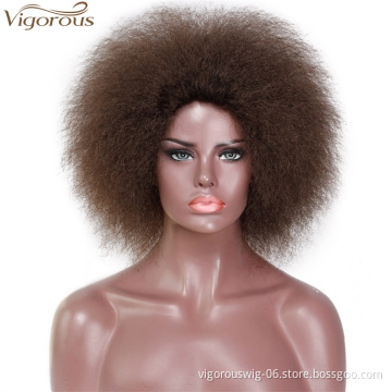 Vigorous Natural Looking Top Quality Short Brown Black Fluffy For Black Women Afro Yaki Curly Synthetic Hair Wigs
